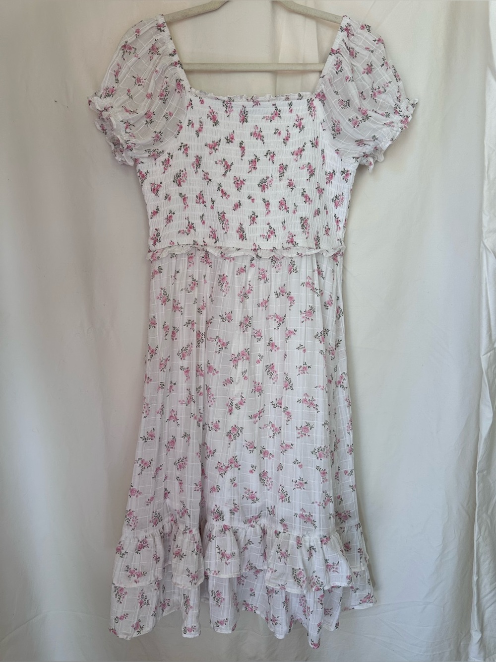 Celebrity Pink White Midi Dress with Pink Floral Print